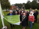 The Mayor of Wigan Coun Yvonne Klieve, congratulates the Bridgers Community Group, volunteers who maintain Colliers Corner garden, off Lovers Lane, Howe Bridge, which has been awarded The Green Flag.