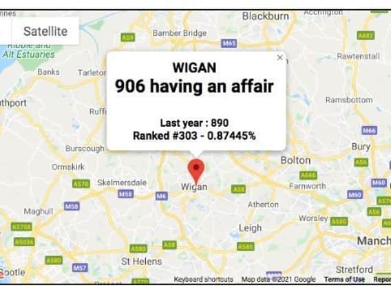 The map showing 906 people in Wigan are having an affair