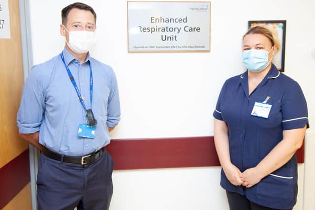 Silas Nicholls, chief executive, and ward manager Hannah Windsor at the official opening of Wigan Infirmary’s enhanced respiratory care unit