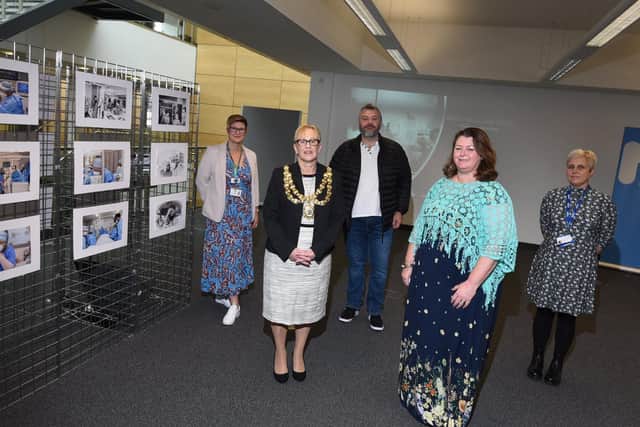 Sonia Halliwell, director of customer transformation at Wigan Council, Mayor of Wigan Coun Yvonne Klieve, co-founder of MancSpirit Paul Ludden, photographer Petro Bekker and ICU matron Sheena Wright at the exhibition