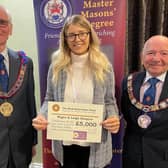 John Bicknell, Assistant Provincial Grand Master, with the hospice's fund-raising manager Sophie Cannon and Keith Beardmore, Provincial Grand Master