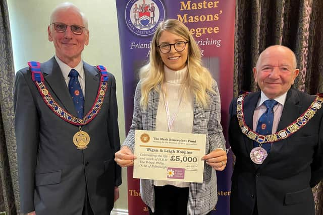 John Bicknell, Assistant Provincial Grand Master, with the hospice's fund-raising manager Sophie Cannon and Keith Beardmore, Provincial Grand Master