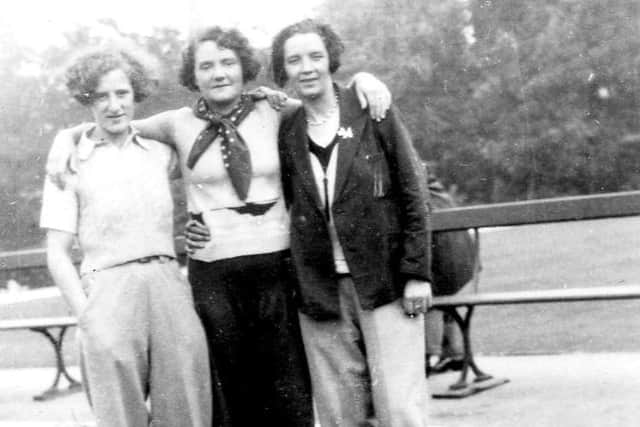 Pioneering women's footballers. Left to right: Margaret Thornborough, Margaret Pomies and Lizzy Ashcroft