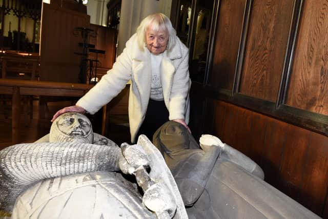 Lilian Goulding with the tomb in the Crawford chapel