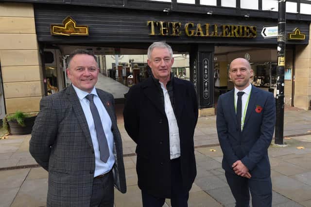 from left, Aaron Adams representative of BCEGI, Mark McNamee director of City Heart and Aiden Thatcher director of economy and skills at Wigan Council - Representatives of the developers of Galeries25 in Wigan town centre.