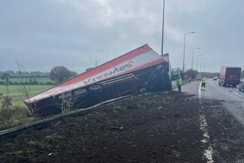 Emergency services including Lancashire Police remain on scene and working with Traffic Officers and recovery contractors to clear the overturned lorry