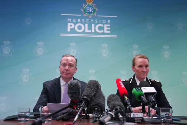 Head of Counter Terrorism Policing North West Russ Jackson and Merseyside Police Chief Constable Serena Kennedy during a press conference at Merseyside Police Headquarters in Liverpool