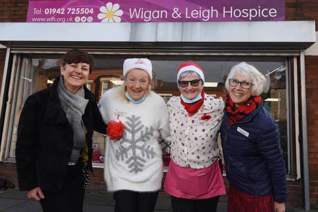 Wigan and Leigh Hospice's chief executive Jo Carby with long-serving volunteers Christine Bennett and Sheila Williams and co-ordinator Pauline Payne