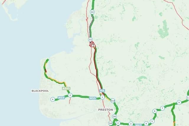 The M6 northbound in Lancashire is closed between junctions 33 (Lancaster South, A6) and 34 (Lancaster, Kirkby Lonsdale, Morecambe, Heysham A683). Pic: Google