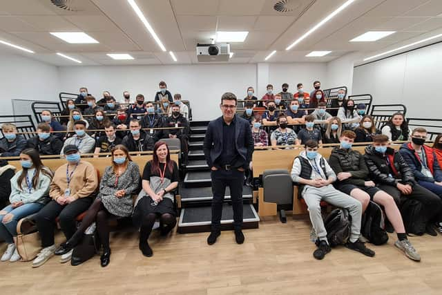 Andy Burnham with students at Wigan and Leigh college