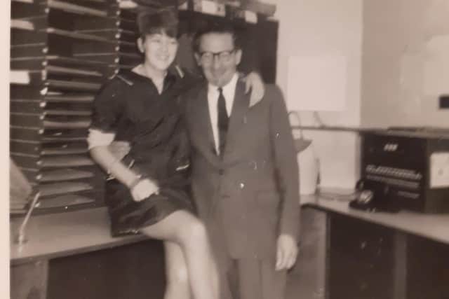 Glynis, aged 17, at Woolworths in 1965 with department manager Colin Jackson