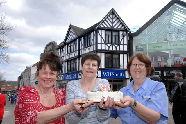 Left to right: Sheila Scott, Linnette Hitchen and Glynis celebrate 25 years at WHSmith/Menzies in 2010
