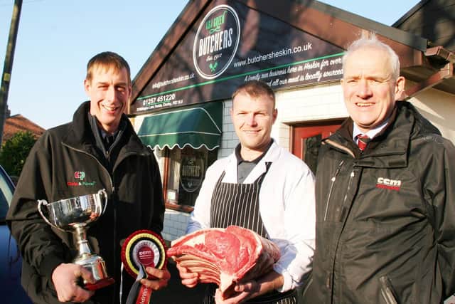 Championship-winning local farmer Robert Critchley, owner David Green and Skipton Auction Mart’s general manager and auctioneer Jeremy Eaton