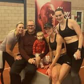 Keely Hodgkinson in training at Robin Park with coaches Trevor Painter and Jenny Meadows, along with Olympic high jumper Emily Borthwick