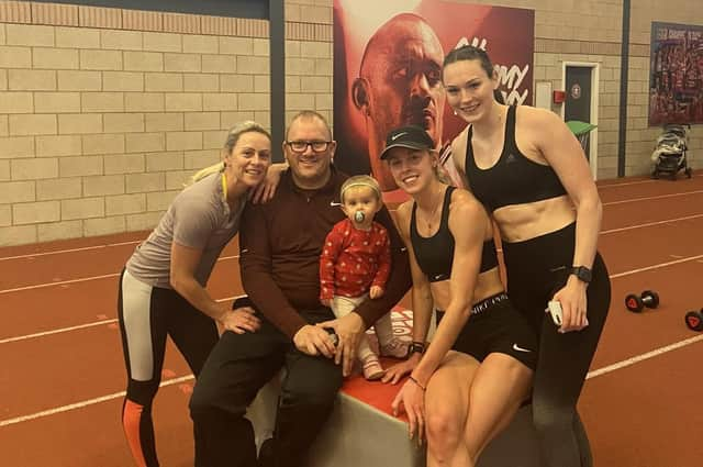 Keely Hodgkinson in training at Robin Park with coaches Trevor Painter and Jenny Meadows, along with Olympic high jumper Emily Borthwick