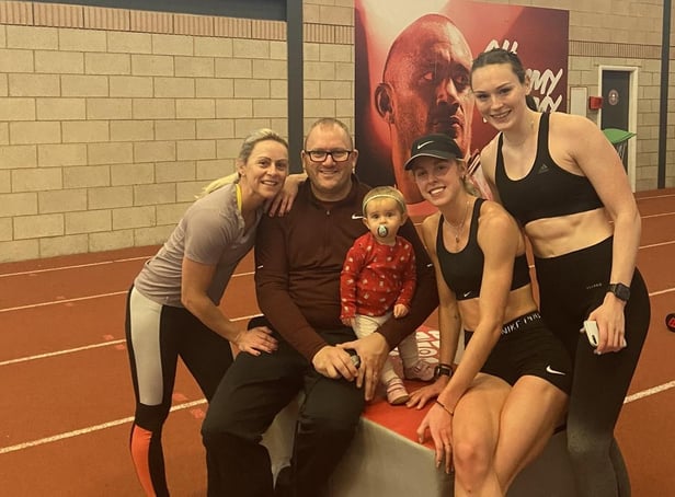 Keely Hodgkinson in training at Robin Park with coaches Trevor Painter and Jenny Meadows, along with Olympic high jumper Emily Borthwick