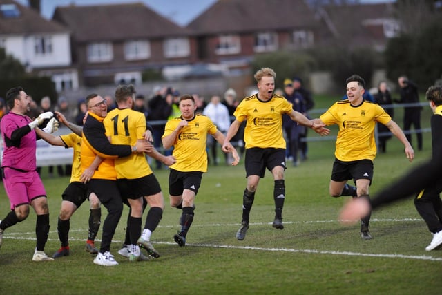 Action and celebrations from Littlehampton Town's FA Vase win over Brockenhurst at the Sportsfield - with their 4-1 penalty shootout win after a 3-3 draw has put them in the quarter-finals / Pictures: Stephen Goodger