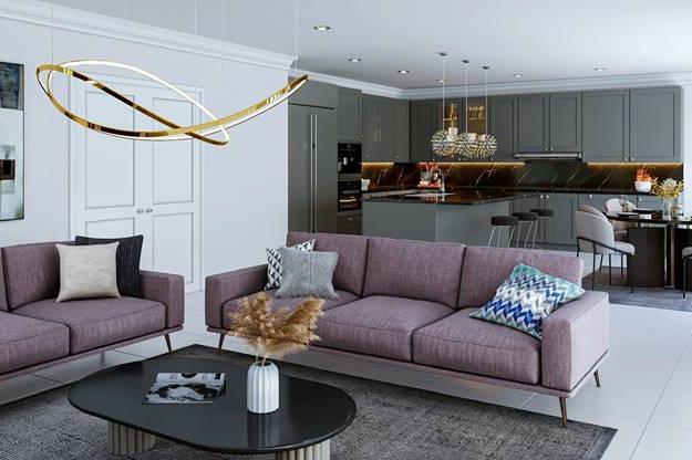 The ground floor has a large lounge with feature fireplace