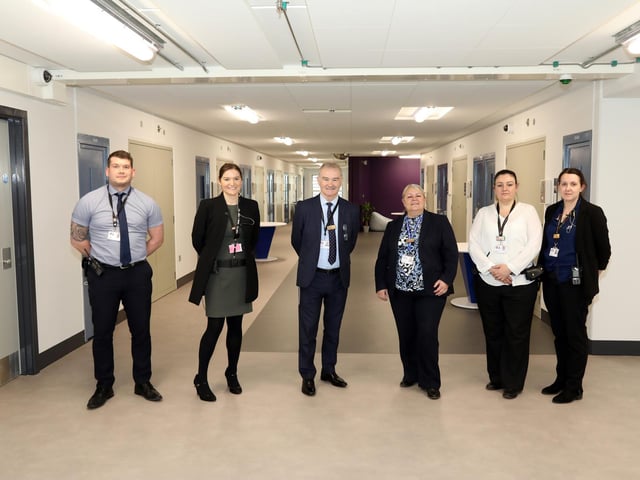 l-r Luke Abbott (head of St John's Well accommodation block), Bethan Hawkes (deputy director HMP Five Wells ), John McLaughlin (director HMP Five Wells ), Helen Richardson (head of residential community), Kelly Smith (deputy head of residential community), Kim Senior (head of audit, quality and compliance).