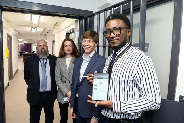 Each prisoner is given a Samsung tablet so they can access phone calls, educational programmes, shopping, well-being projects and help and support. 
l-r Martin Brewin (G4S), Elizabeth Curr (BT), Cameron Holloway (Socrates Software) and Ben Okoli (resident experience lead)