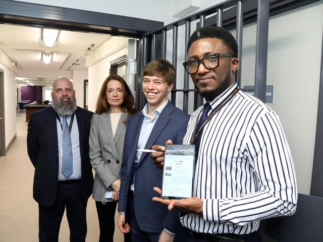 Each prisoner is given a Samsung tablet so they can access phone calls, educational programmes, shopping, well-being projects and help and support. 
l-r Martin Brewin (G4S), Elizabeth Curr (BT), Cameron Holloway (Socrates Software) and Ben Okoli (resident experience lead)