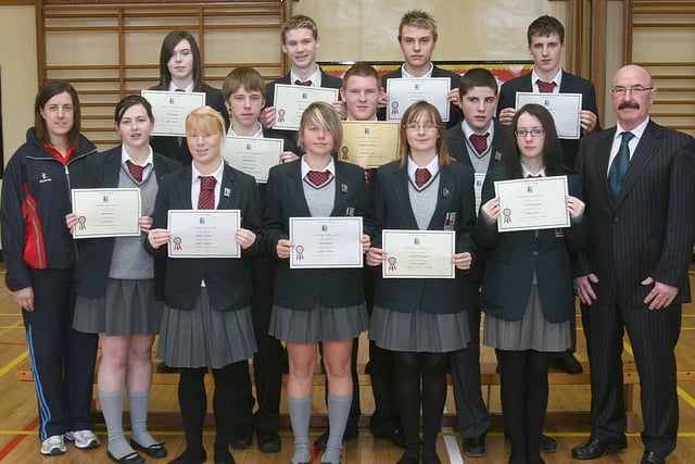 Institute Football manager Liam Beckett, who was the special guest at the presentation of school sporting merit awards to pupils at Lisneal College, Drumahoe, Included is Suzanne Brown, teacher-in-charge. LS52-501MT.