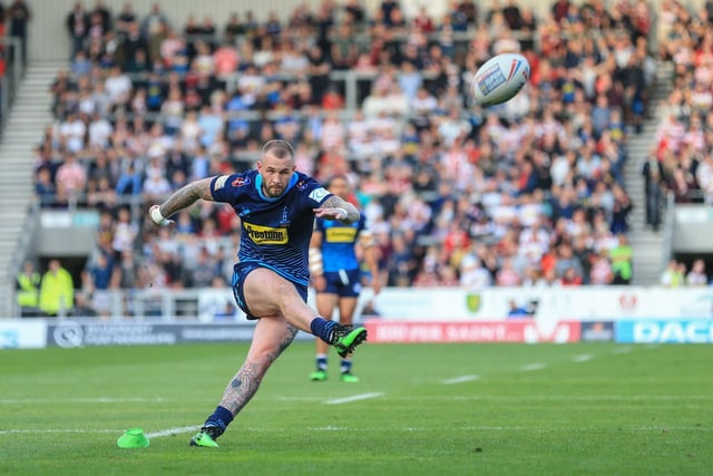 12th July 2019 , Totally Wicked Stadium, St Helens, England;  Betfred Super League, Round 22, St Helens vs Wigan Warriors ; Zak Hardaker (20) of Wigan Warriors scores a penalty - Credit: Mark Cosgrove/News Images