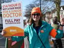 Junior doctor Behnaz Pourmohammadi on the picket line outside Wigan Infirmary during industrial action earlier this month