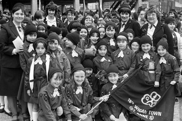 The 18th Wigan Town Brownies, St. Anne's, Beech Hill, at the St. George's Day parade on Sunday 24th of April 1983.