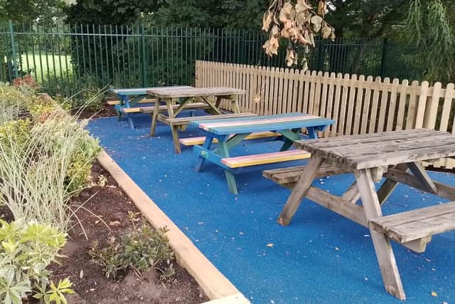 An outdoor seating area created at Lowton West Primary School