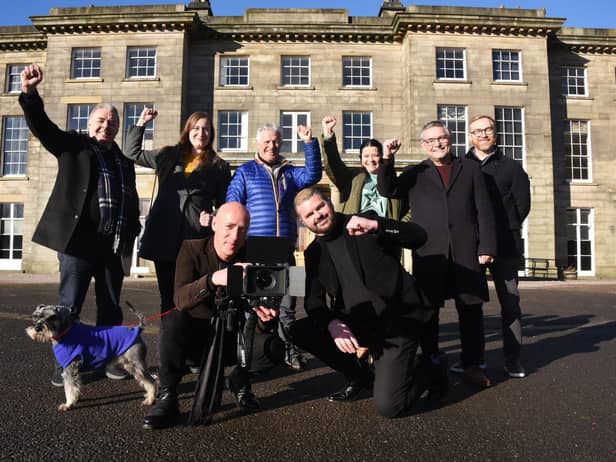From left, Coun Ron Conway, Coun Laura Flynn, Ian Boardman and Joanne Smith from Friends of Haigh Hall and Open Access group, Coun Chris Ready, James Winterbottom director of digital, leisure and wellbeing at Wigan Council and creative directors Al and Al (front).
