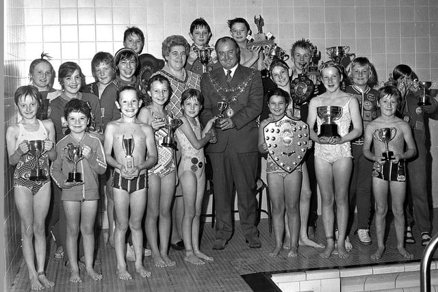 Trophies galore at this 1973 swimming gala in Hindley