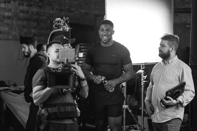 Joe, Anthony Joshua and Scott in the studios.