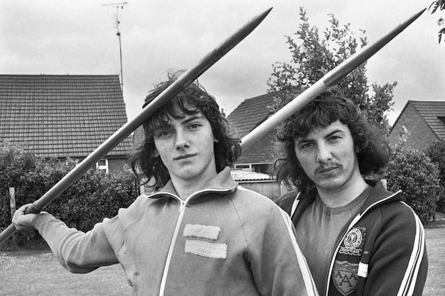 Javelin contenders were Wigan brothers Michael and Shaun Pilling at the Lancashire Schools Athletics Championships held at Woodhouse Stadium on Saturday 8th of June 1974.