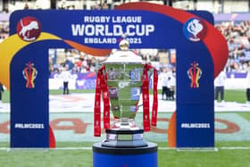 The RLWC trophy at the home of Bolton Wanderers in 2022 as England played France