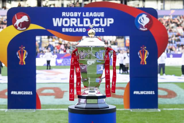The RLWC trophy at the home of Bolton Wanderers in 2022 as England played France