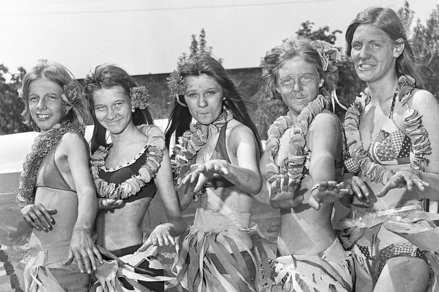 Girls from the Treble O Youth Club, Pemberton, perform their Hula dance at Wigan Carnival on  Saturday 7th of June 1975.