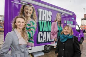 Ovarian cancer survivors Dr Charlotte Badescu and Hilary Morrison who feature on one sid eof the van