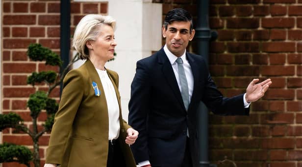Prime Minister Rishi Sunak welcomes European Commission president Ursula von der Leyen at the Fairmont Windsor Park hotel in Englefield Green, Windsor, Berkshire, ahead of a meeting to discuss a "range of complex challenges" around the Brexit treaty. Picture date: Monday February 27, 2023.