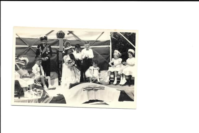 Regal retinue: Pictured during the crowning ceremony (left to right) Billy Johnson is the Duke of Edinburgh, Queen Ann Bentham, Jim Bentham (Ann's brother) and Roy Hayward are attendants together with Jean Eccleston, Barbara Johnson and Eileen Topping.