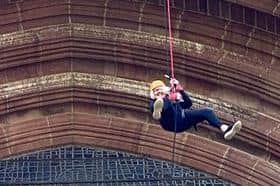 The Reverend Sue Thomas during the abseil