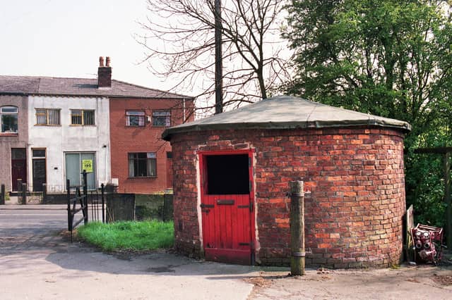A curious building near to Bark Hill Barns, Wigan Road, Aspull, in May 1997. Situated on land that was Bark Hill Farm it dates from 1716 and was originally a bull pen used to calm bulls down.
