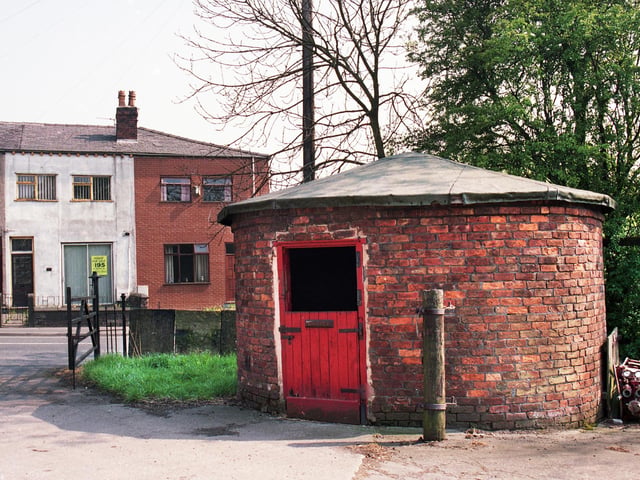 A curious building near to Bark Hill Barns, Wigan Road, Aspull, in May 1997. Situated on land that was Bark Hill Farm it dates from 1716 and was originally a bull pen used to calm bulls down.