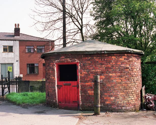 A curious building near to Bark Hill Barns, Wigan Road, Aspull, in May 1997.  Situated on land that was Bark Hill Farm it dates from 1716 and was originally a bull pen used to calm bulls down.