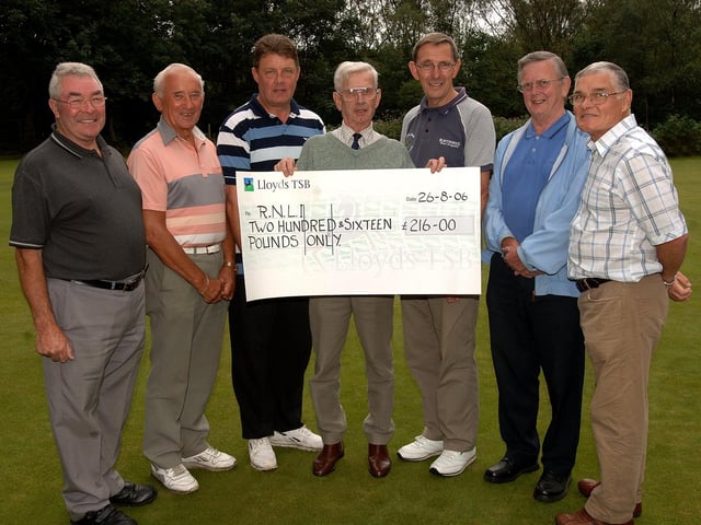 Members of the Boar's Head bowling club raised £216 for the Chorley division of the RNLI. Pictured presenting the cheque to John Westwood, centre, are, left to right: Frank Eccles, Reg Thompson, Michael Cunliffe, John Lee, Gerald Smith and Peter Lucas