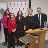 Left to right: Hanifah Ibrahim; Jean Hensey-Reynard; Olivia Marks-Woldman OBE; Hannah Lewis MBE; Karen Pollock CBE; Oliver Smith; and Peter Lee, director of Cabinet Office- Communities and Integration