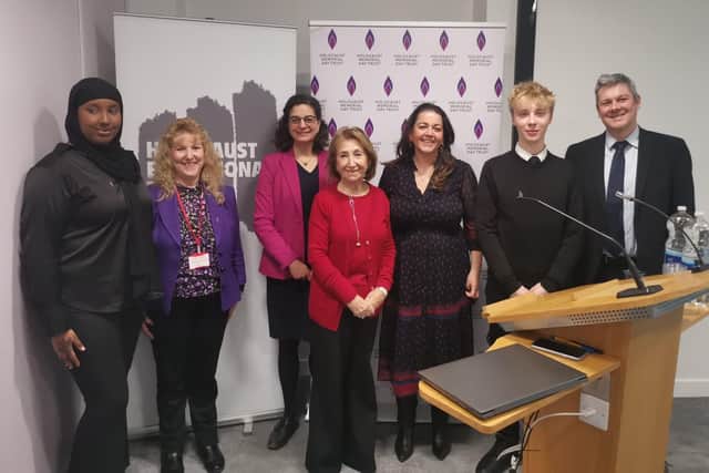 Left to right: Hanifah Ibrahim; Jean Hensey-Reynard; Olivia Marks-Woldman OBE; Hannah Lewis MBE; Karen Pollock CBE; Oliver Smith; and Peter Lee, director of Cabinet Office- Communities and Integration