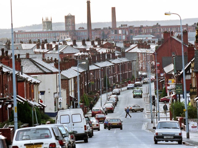 A view down Gidlow Lane towards Eckersley Mill and St. James Church, Poolstock, in November 1999.