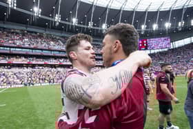 Oliver Partington celebrates with John Bateman after the Challenge Cup final