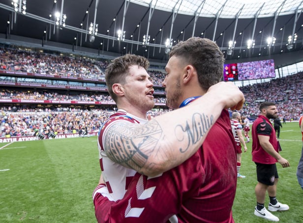 Oliver Partington celebrates with John Bateman after the Challenge Cup final